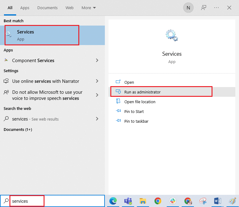 검색 메뉴에 서비스를 입력하고 관리자 권한으로 실행을 클릭합니다. Windows 10에서 작동하지 않는 Logitech 스피커 수정