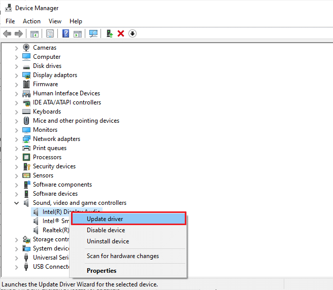 Haga clic derecho en su dispositivo de audio y seleccione Actualizar controlador. Arreglar los altavoces de Logitech que no funcionan en Windows 10