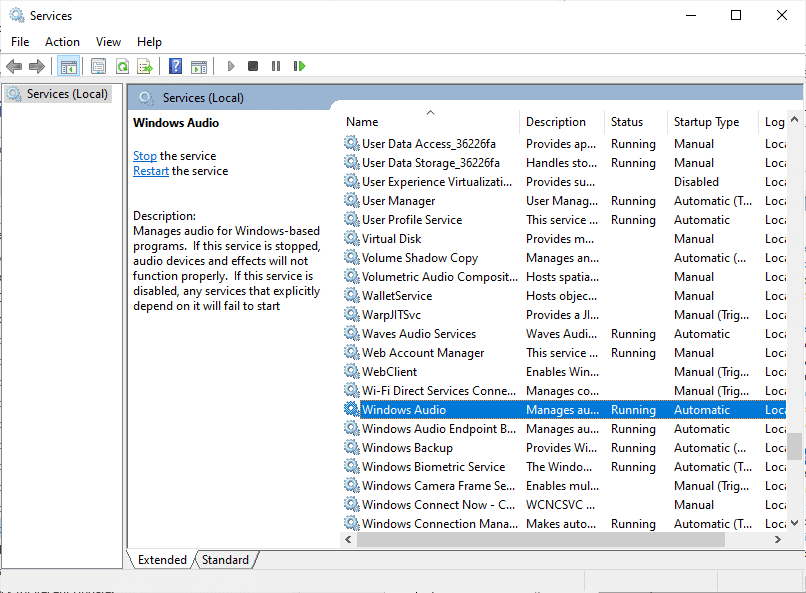 Teraz przewiń w dół i kliknij dwukrotnie usługę Windows Audio.