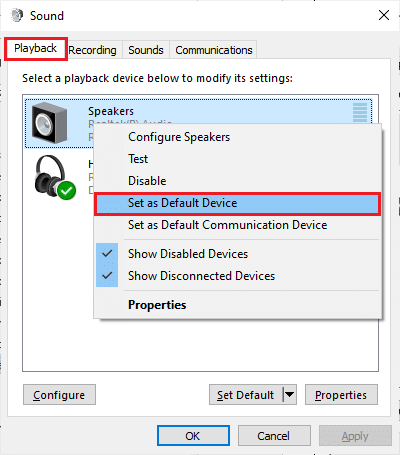 Ahora, seleccione la opción Establecer como dispositivo predeterminado como se resalta y haga clic en Aplicar y luego en Aceptar para guardar los cambios.