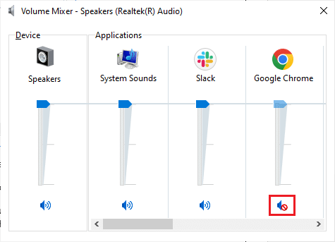 これで、一連のボリュームコントロールが開きます。すべての音量レベルがミュートされていないことを確認してください。線の付いた赤い円を見つけたら、音量レベルのミュートを解除します。