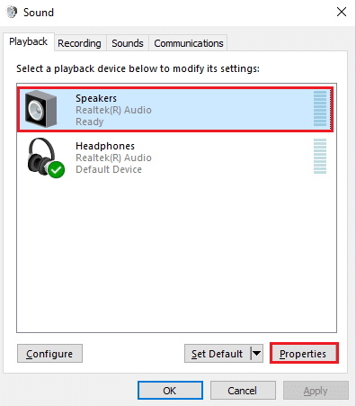 Quindi, seleziona il dispositivo audio Altoparlanti e fai clic sul pulsante Proprietà. Risolto il problema con gli altoparlanti Logitech che non funzionano su Windows 10