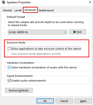 Özel mod uygulamalarına öncelik ver seçeneği otomatik olarak işaretlenmez. Windows 10'da Çalışmayan Logitech Hoparlörlerini Düzeltme