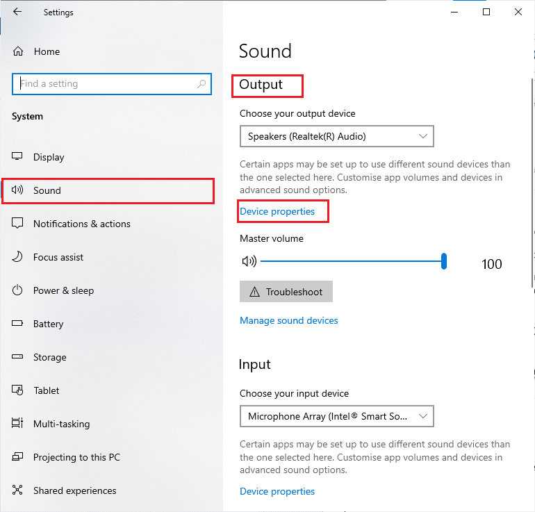 จากนั้น คลิกที่ Sound จากบานหน้าต่างด้านซ้าย และคลิกที่ Device properties ใต้เมนู Output