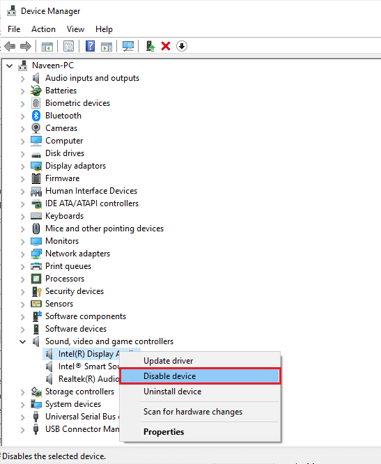 Klicken Sie dann mit der rechten Maustaste auf Ihre Soundkarte und wählen Sie die Option Gerät deaktivieren