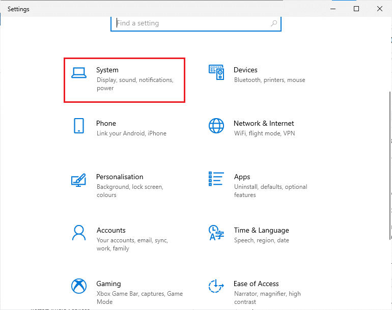 Ahora, haga clic en Sistema. Arreglar los altavoces de Logitech que no funcionan en Windows 10