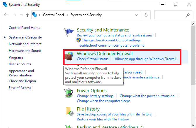 Haga clic en Firewall de Windows Defender. Arreglar Minecraft no pudo autenticar su conexión en Windows 10