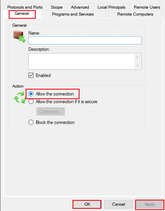 выберите параметр «Разрешить подключение» на вкладке «Общие» в свойствах правила для входящего трафика.