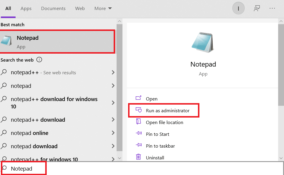 Notepad di bilah pencarian Windows. Perbaiki Minecraft Gagal Mengautentikasi Koneksi Anda