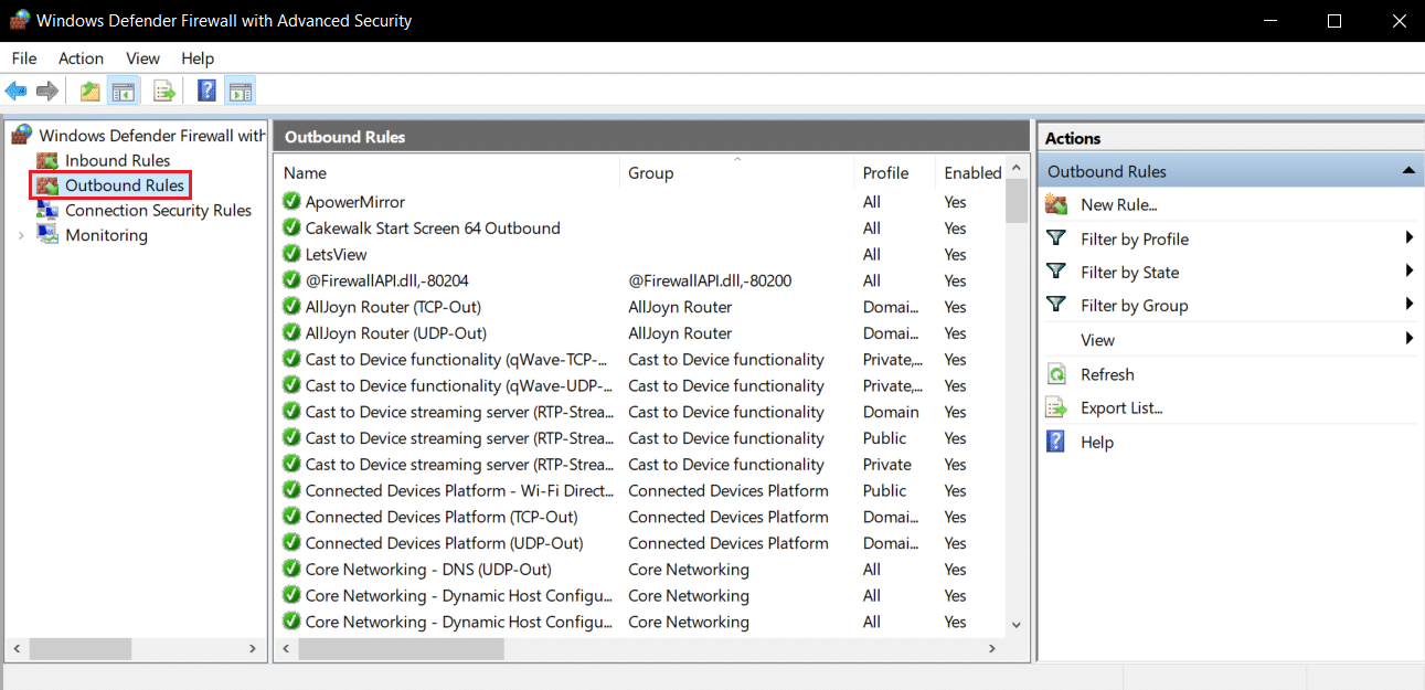 reguli de ieșire în Windows Defender Security cu setări avansate