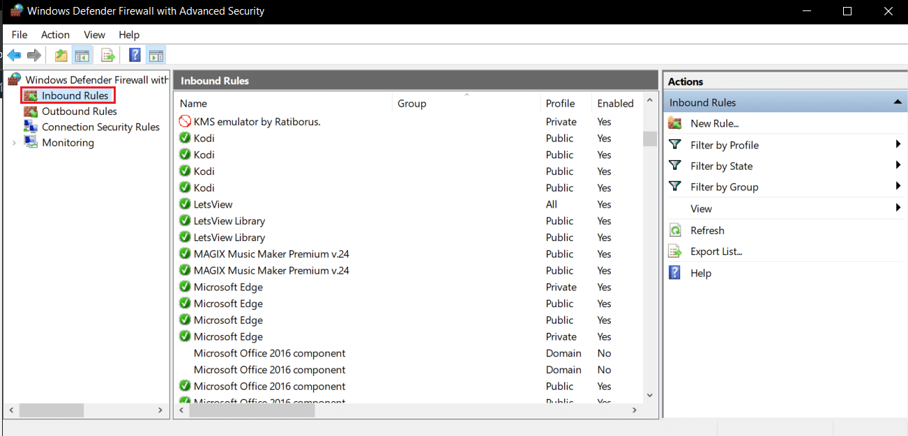 clique em regras de entrada no Windows Defender Firewall com configurações avançadas. Corrigir falha do Minecraft ao autenticar sua conexão no Windows 10