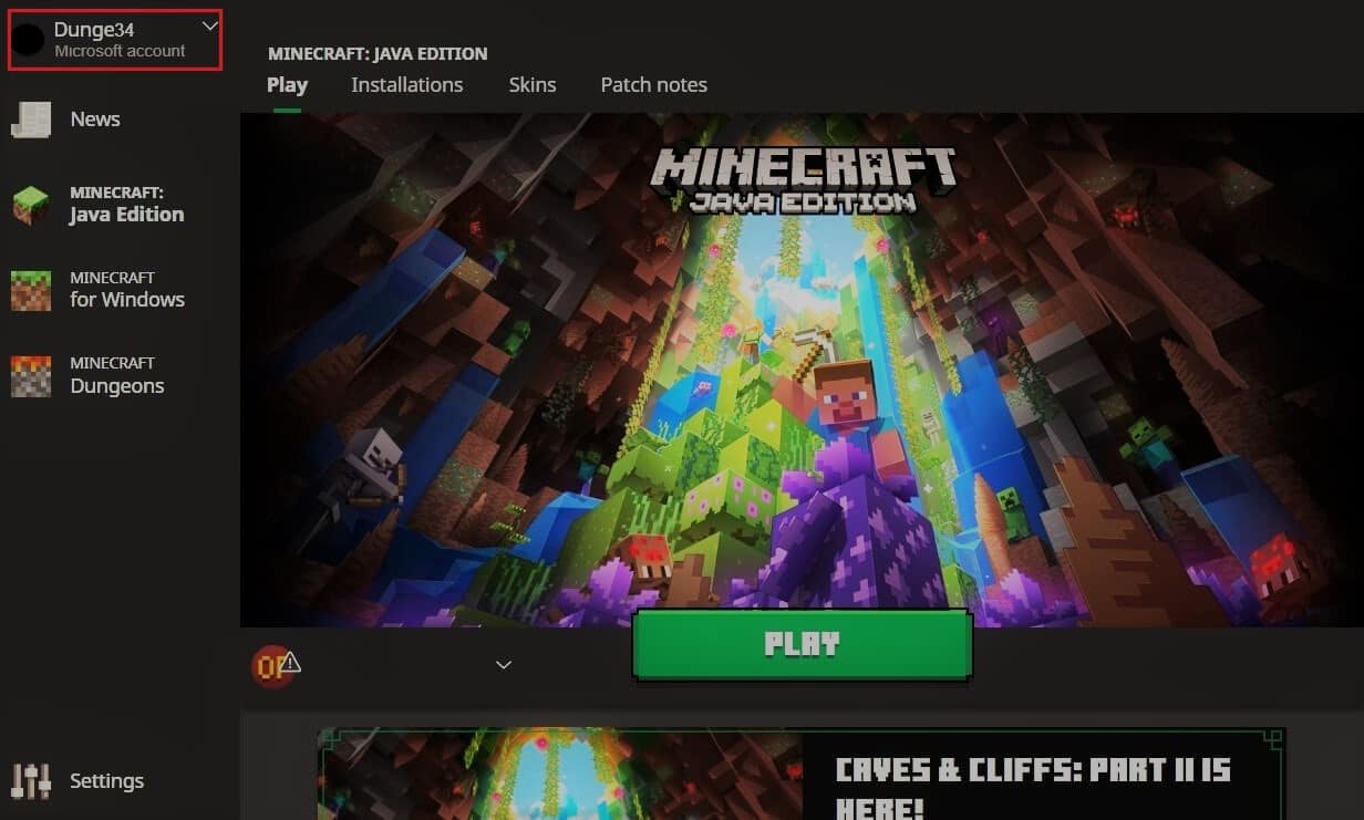 單擊 Minecraft 應用程序中的用戶名。修復 Minecraft 無法在 Windows 10 中驗證您的連接