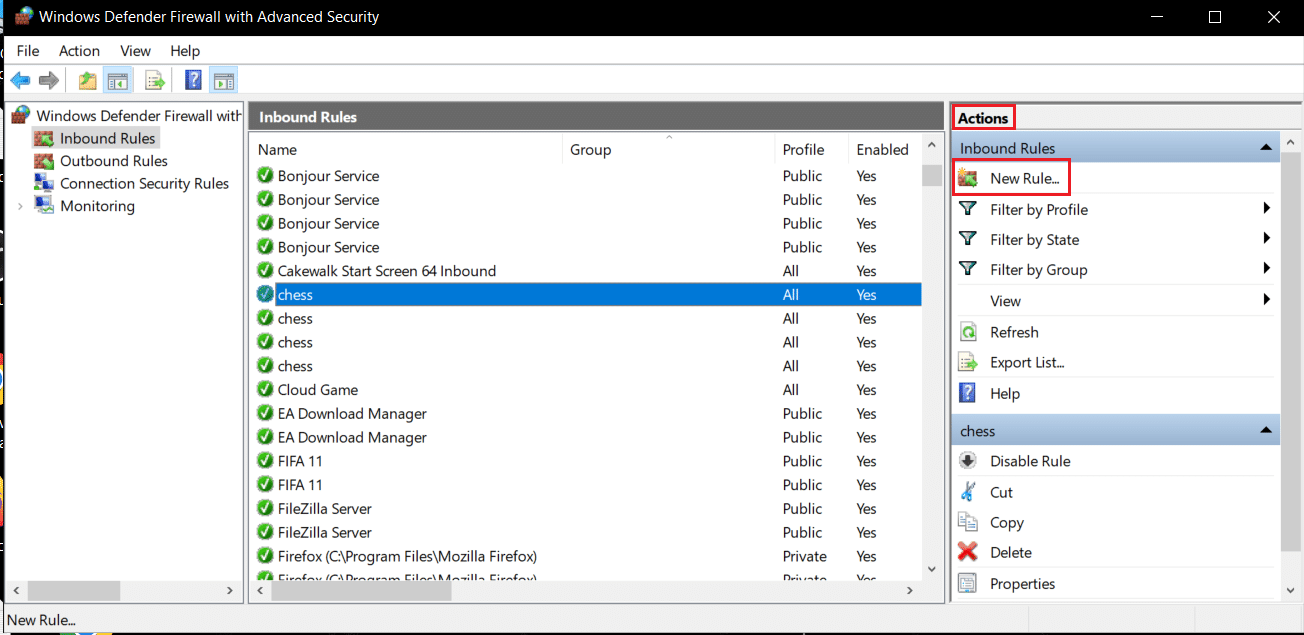 ในเมนูการกระทำ ให้คลิกที่ New Rule ใน Windows Defender Firewall พร้อมการตั้งค่าขั้นสูง