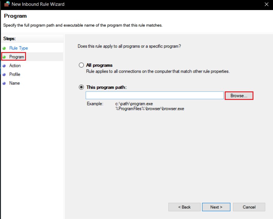 新しいインバウンドルールウィザードの[プログラム]メニューの[参照]オプションをクリックします