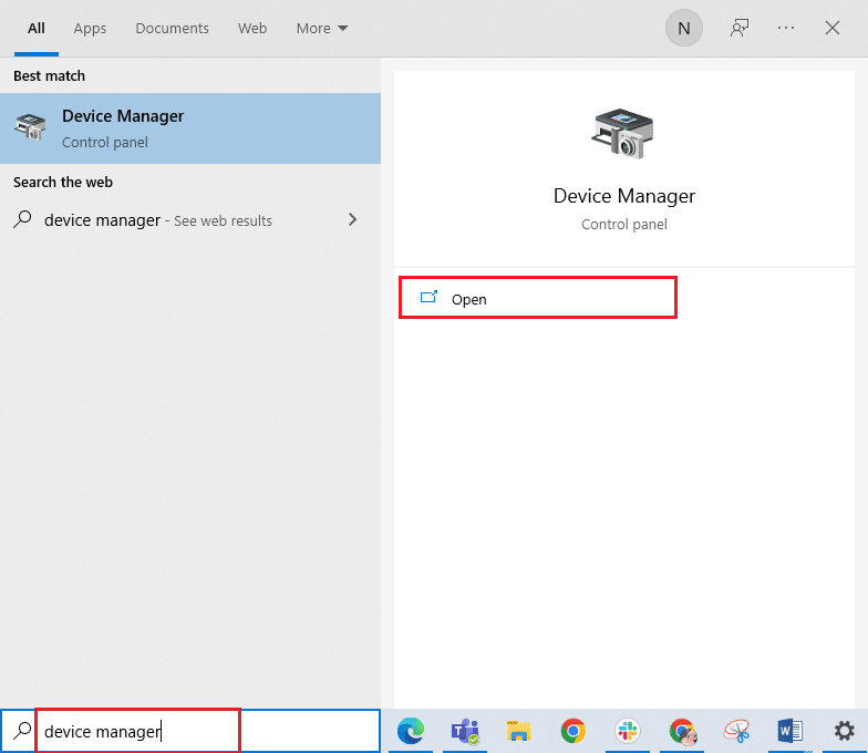 กดปุ่ม Windows และพิมพ์ Device Manager ตอนนี้คลิกที่ เปิด