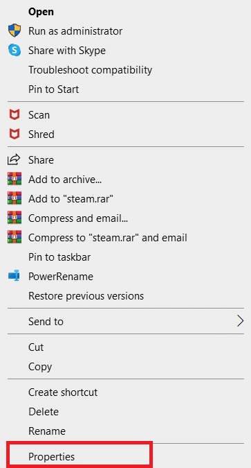 Wybierz Właściwości. Napraw brakujące uprawnienia do plików Steam w systemie Windows 10