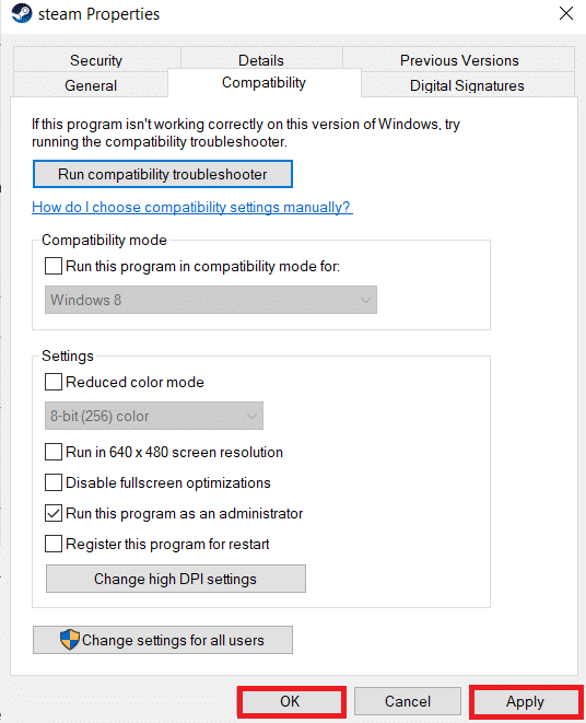 คลิกปุ่มใช้และตกลง แก้ไข Steam Missing File Privileges ใน Windows 10