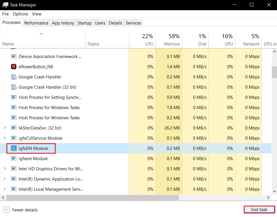 igfxEM modülünü seçin ve Görev yöneticisinde görevi sonlandır'a tıklayın