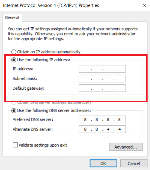 Utilisez l'option d'adresse IP suivante