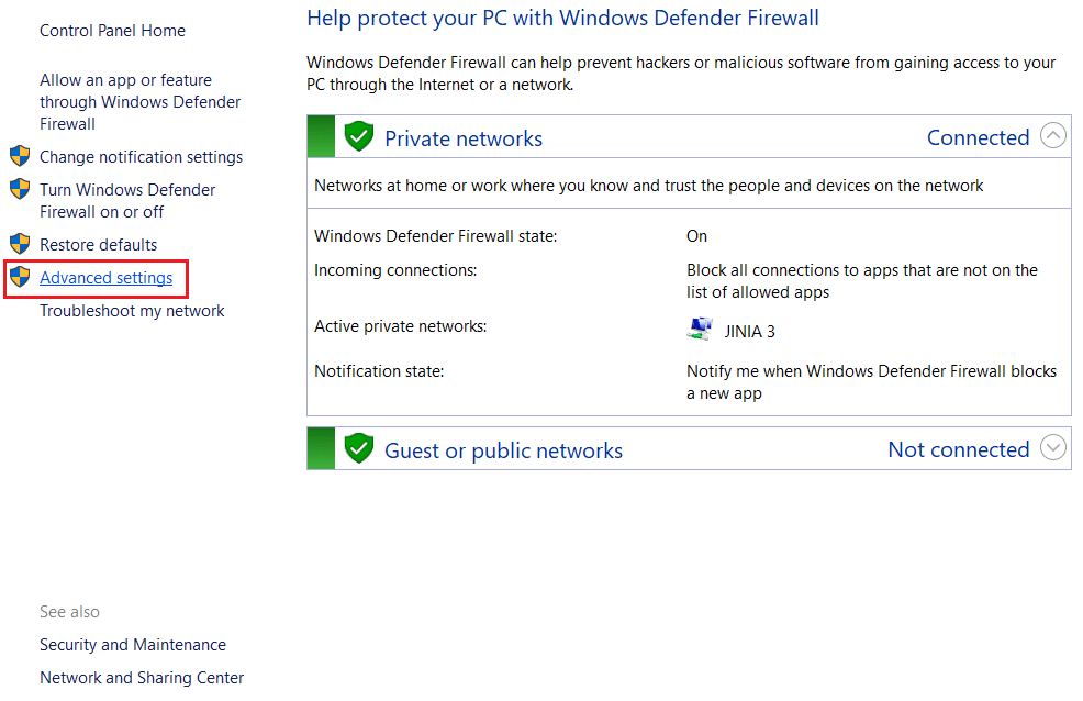 clique em configurações avançadas no Windows Defender Firewall