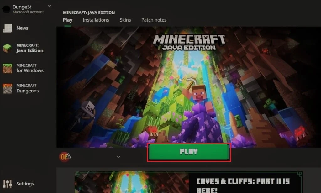 單擊 Minecraft Launcher 中的“播放”按鈕