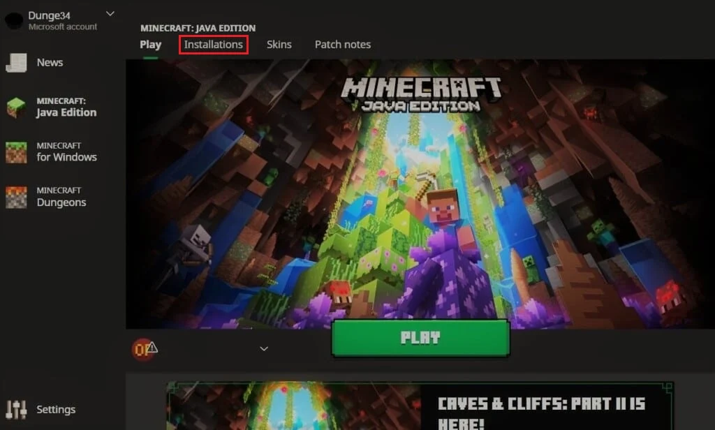 انقر فوق علامة التبويب التثبيتات في Minecraft Launcher. تم إصلاح انتهاء مهلة اتصال Minecraft لعدم وجود خطأ في المعلومات الإضافية