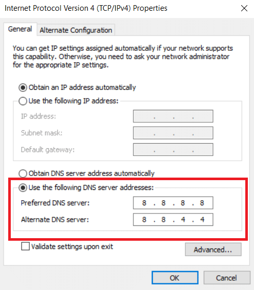 استخدم خيار عناوين خادم DNS التالي