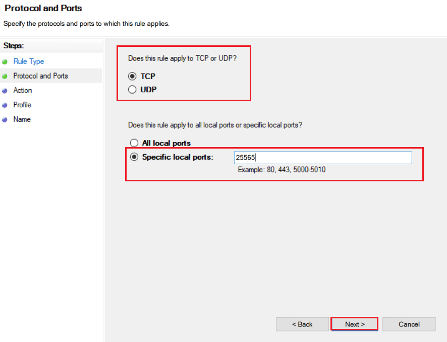selectați TCP sau UDP și introduceți anumite porturi locale în Protocol și porturi în Asistentul pentru regulile de intrare noi. Remediați conexiunea Minecraft a expirat Eroare fără informații suplimentare