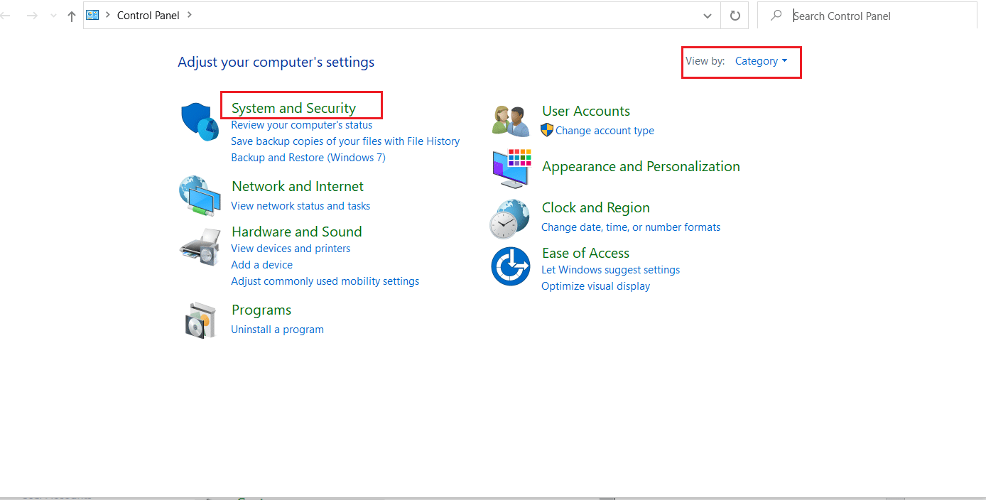 Kategoriye Göre Görüntüle seçeneğini seçin ve Sistem ve Güvenlik'e tıklayın