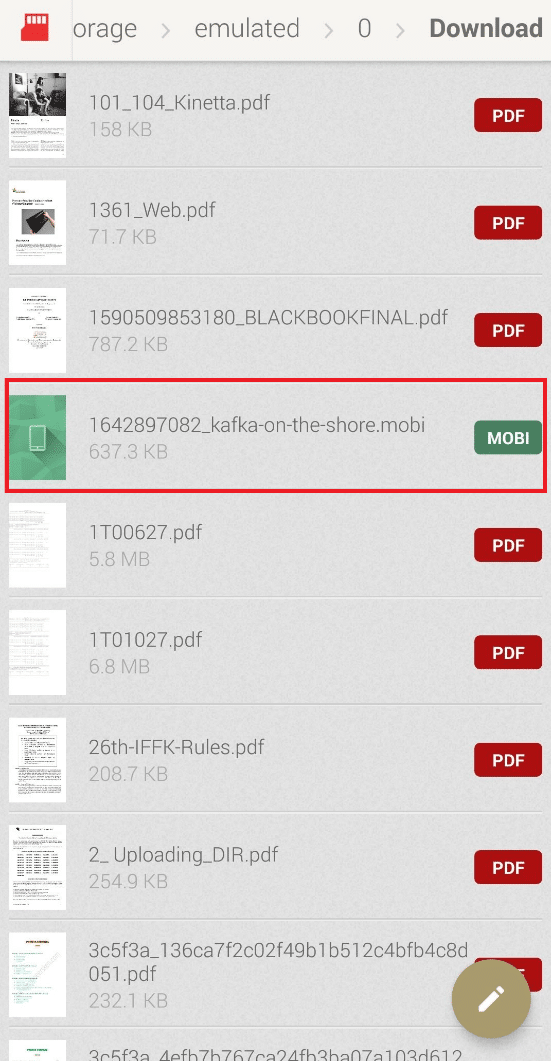 Encuentre el archivo MOBI deseado de la lista y tóquelo