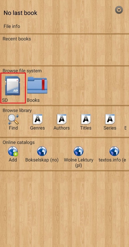 Atingeți opțiunea SD din secțiunea Browse file system