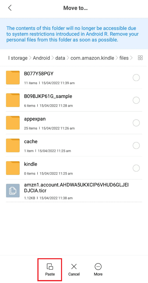 Toque la opción Pegar para pegar el archivo MOBI seleccionado en esta carpeta. Cómo abrir archivos MOBI en Android