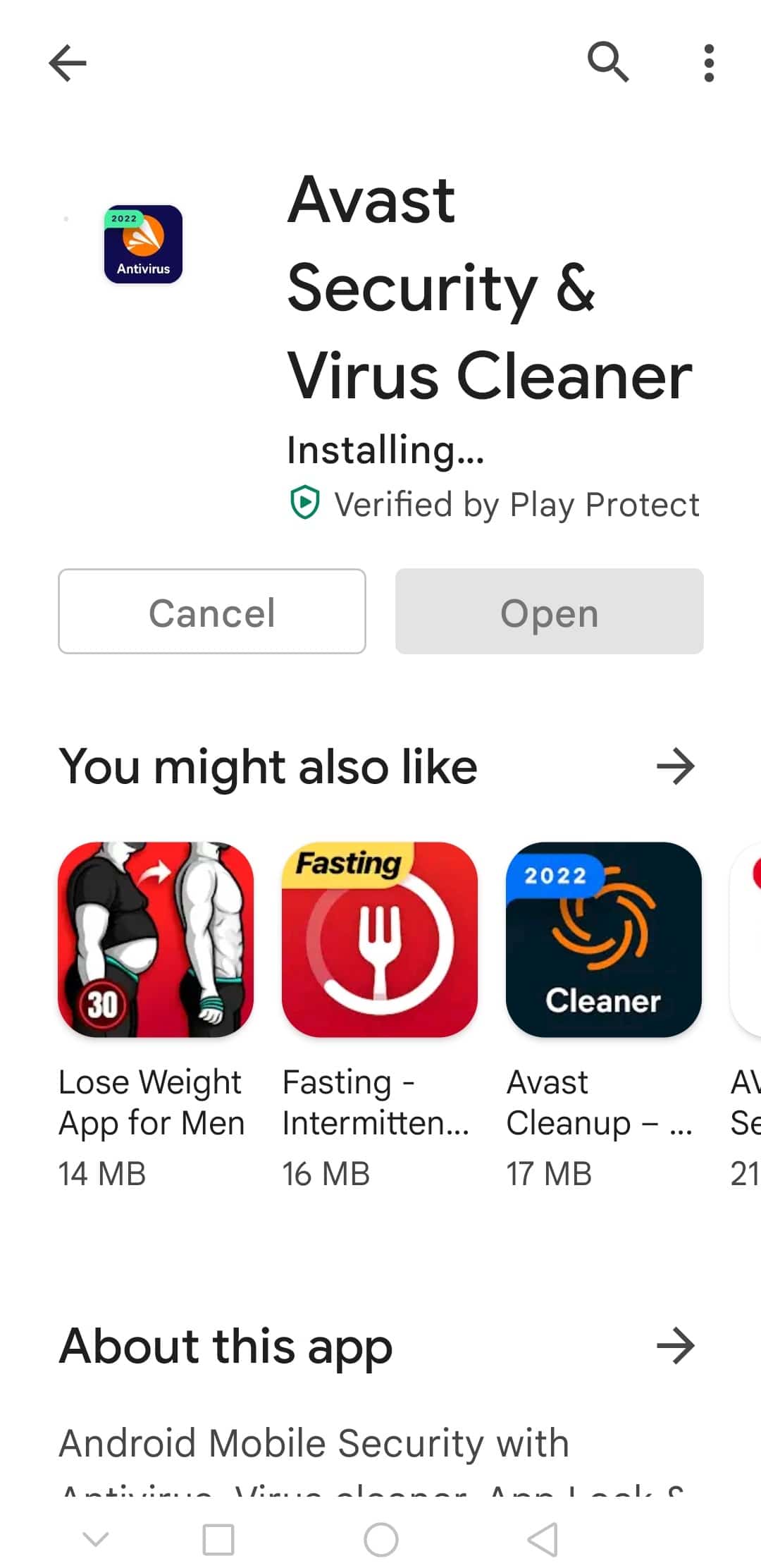 instalando o aplicativo android avast security and virus cleaner