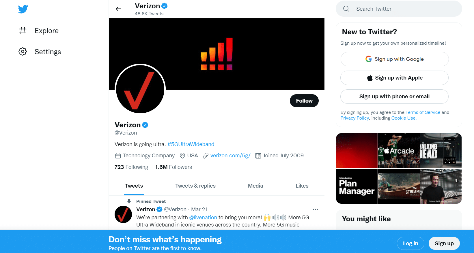 VerizonのTwitterページ。 Verizonに電話するときに人と話す方法