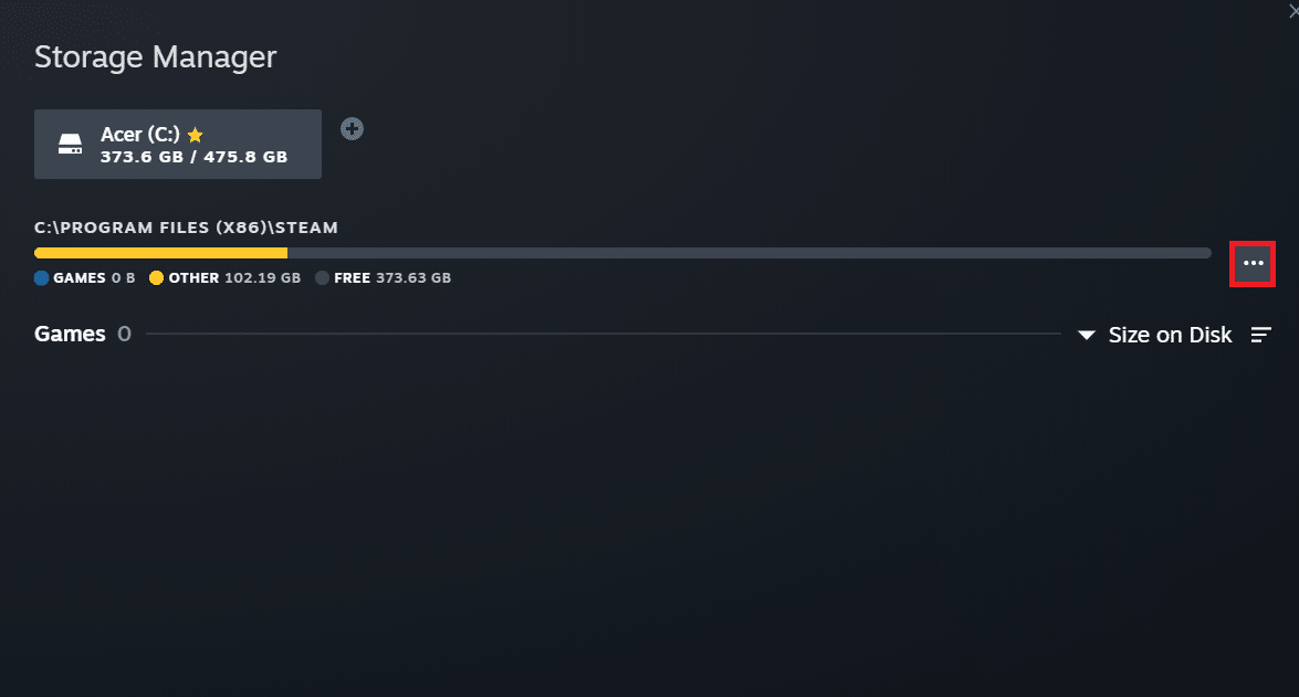 En la ventana del Administrador de almacenamiento, haga clic en el ícono de tres puntos junto a la carpeta Steam