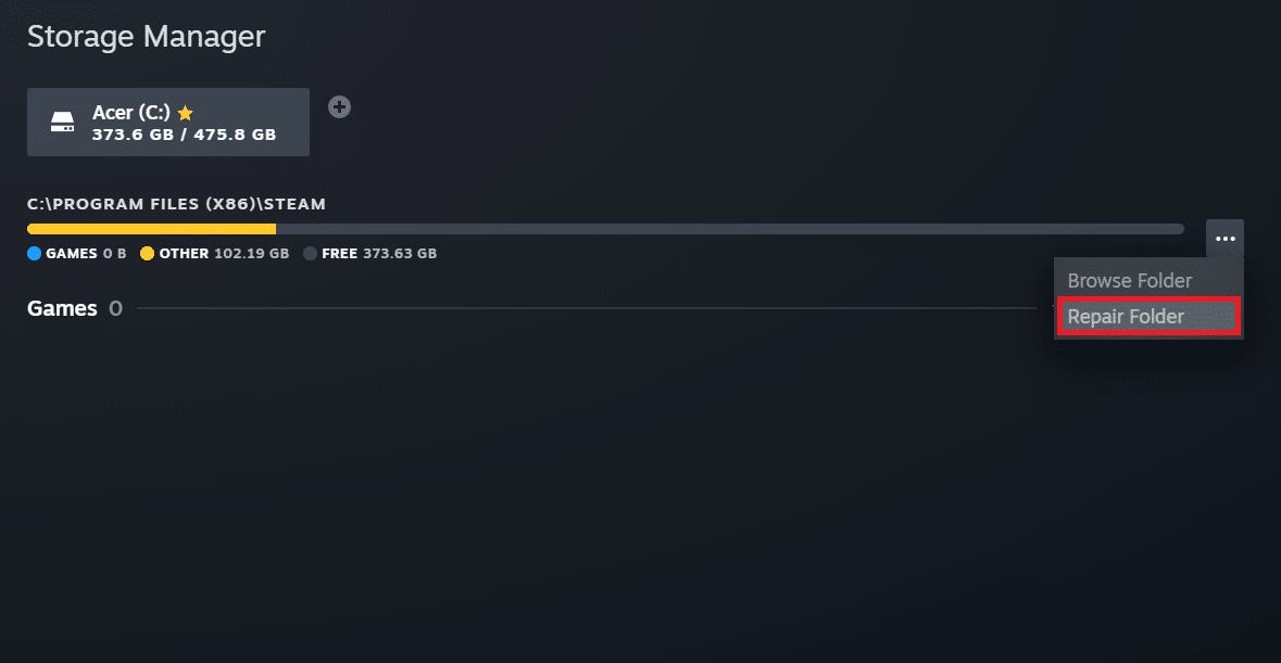 Klicken Sie auf die Option Ordner reparieren. Beheben Sie den Fehler „Fehlende heruntergeladene Dateien“ auf Steam