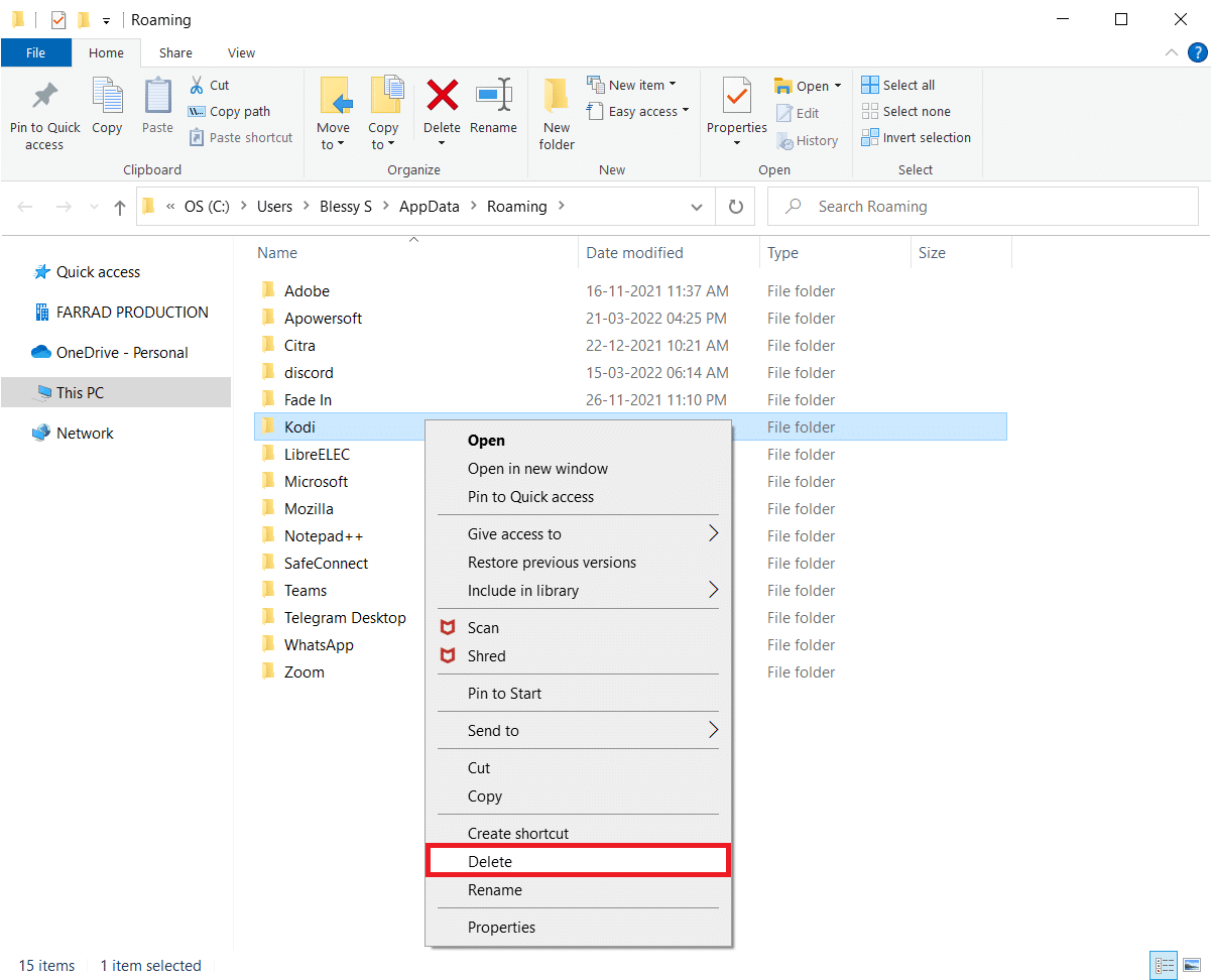 Kodi를 마우스 오른쪽 버튼으로 클릭하고 삭제를 선택합니다. Kodi Ares 마법사가 작동하지 않는 문제 수정