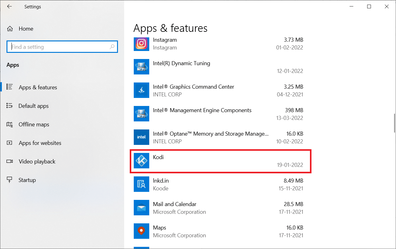 Faites défiler vers le bas et cliquez sur l'application Kodi. Correction de l'assistant Kodi Ares ne fonctionnant pas