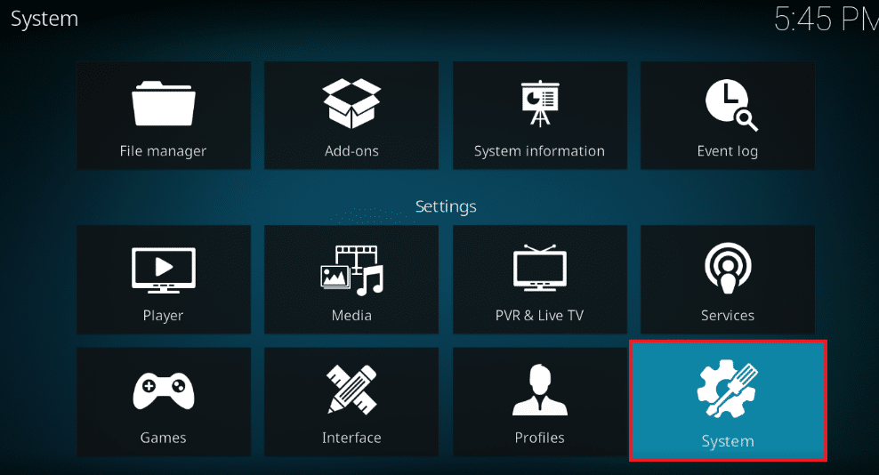 Cliquez sur l'option Système. Correction de l'assistant Kodi Ares ne fonctionnant pas