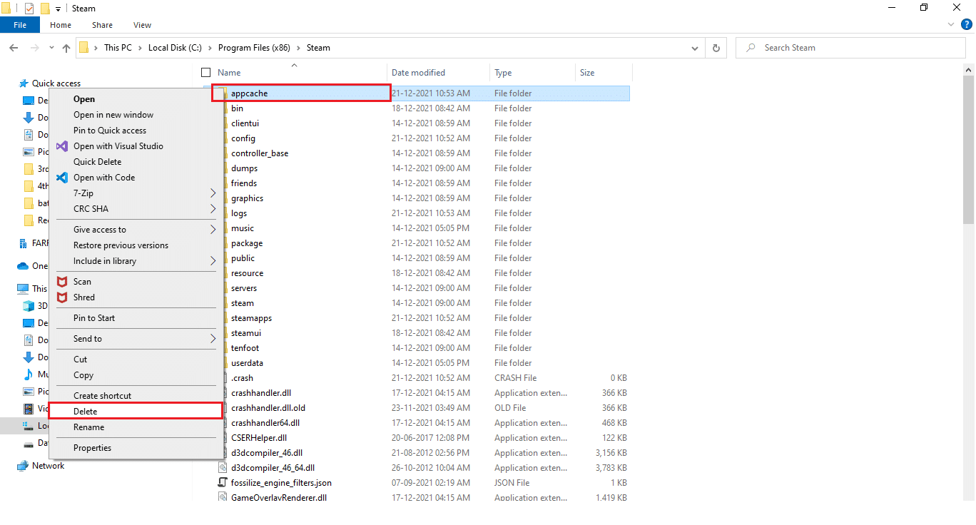 Klik kanan pada folder appcache dan pilih Hapus. Perbaiki Steam Stuck saat Mempersiapkan Peluncuran di Windows 10