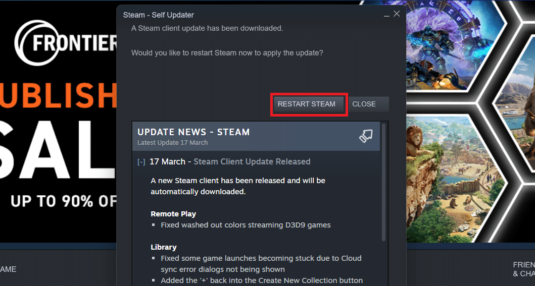 Steam – Self Updater baixará as atualizações automaticamente, se disponíveis. Clique em REINICIAR STEAM para aplicar a atualização.