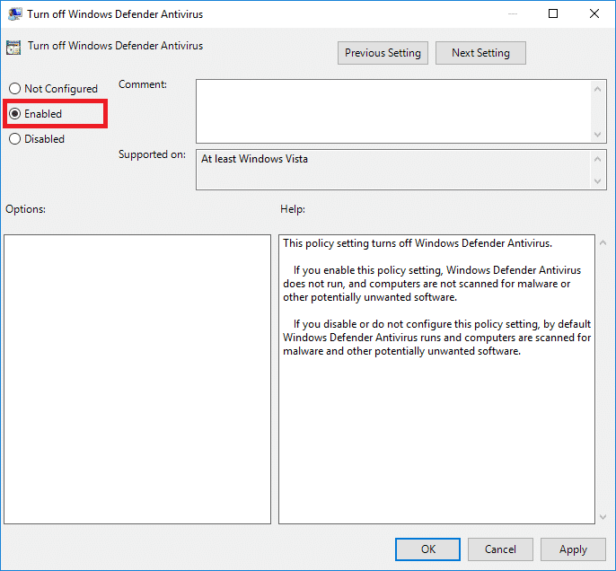 sélectionnez l'option Activé dans Désactiver la fonction Windows Defender dans l'éditeur de stratégie de groupe local