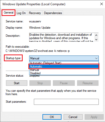 Maintenant, dans la nouvelle fenêtre contextuelle, sélectionnez le type de démarrage sur Automatique