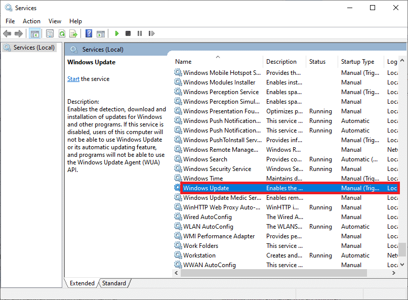 desplácese hacia abajo y haga doble clic en el servicio de actualización de Windows