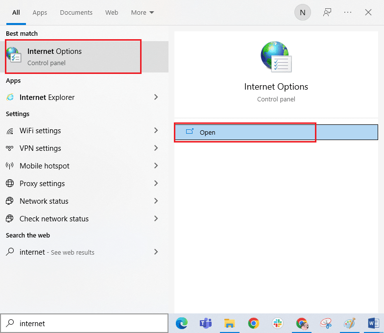 Gehen Sie zum Suchmenü und geben Sie Internetoptionen ein. Klicken Sie dann auf Öffnen