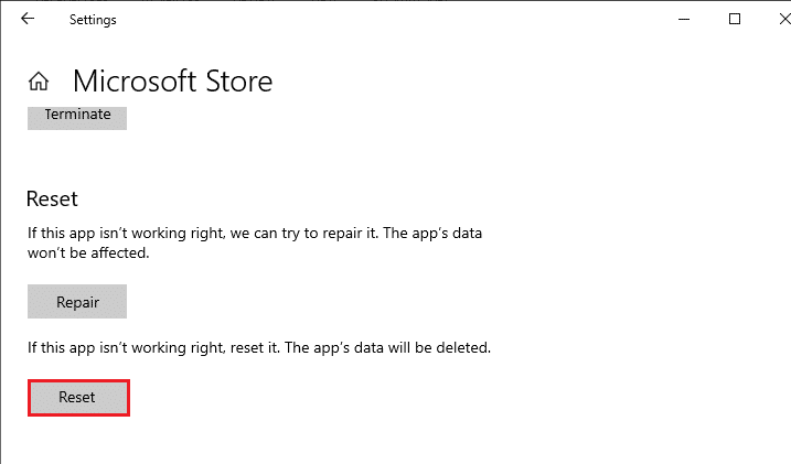 fare clic su ripristina le impostazioni dell'app di Microsoft Store