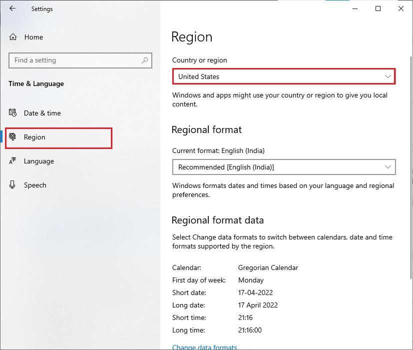 Wechseln Sie nun im linken Menü zur Registerkarte Region und stellen Sie sicher, dass Sie in der Option Land oder Region die Vereinigten Staaten auswählen