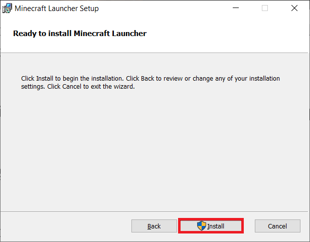 คลิกที่ติดตั้งในหน้าต่างถัดไป แก้ไข Minecraft Launcher ไม่สามารถใช้งานได้ในบัญชีของคุณ