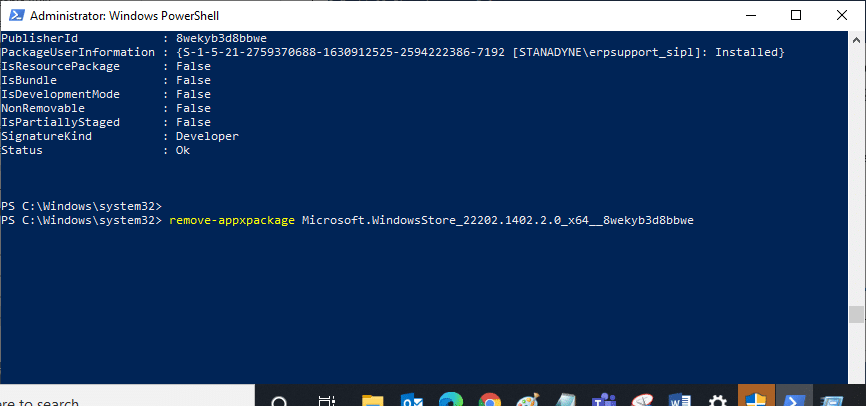 Gehen Sie nun zu einer neuen Zeile im PowerShell-Fenster und geben Sie remove appxpackage ein, gefolgt von einem Leerzeichen und der Zeile, die Sie im vorherigen Schritt kopiert haben. Fix Minecraft Launcher ist derzeit in Ihrem Konto nicht verfügbar