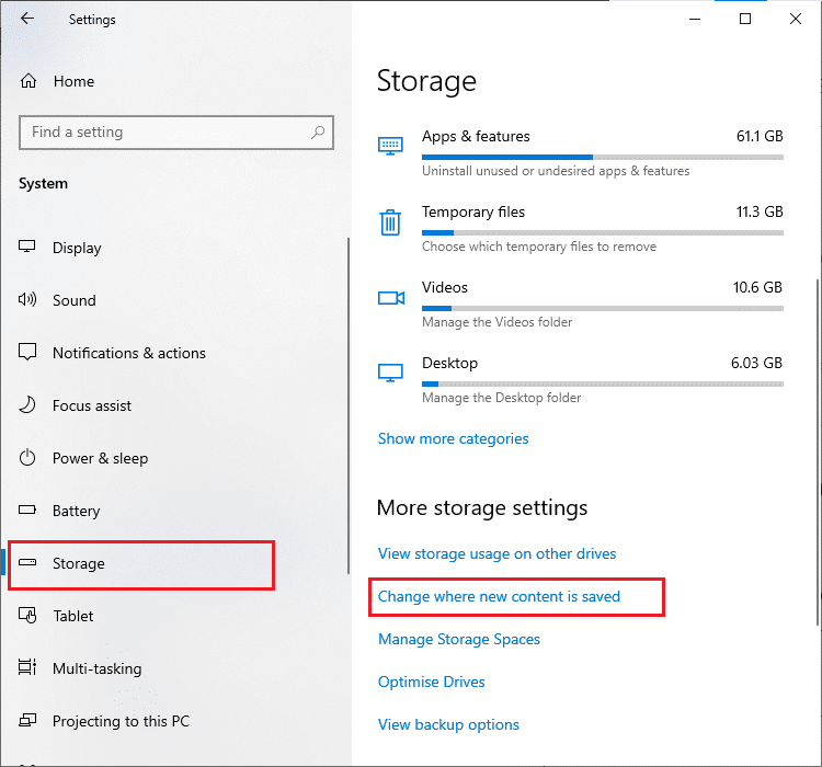 Ardından, sol bölmeden Depolama sekmesine geçin ve Yeni içeriğin kaydedildiği yeri değiştir'i tıklayın.